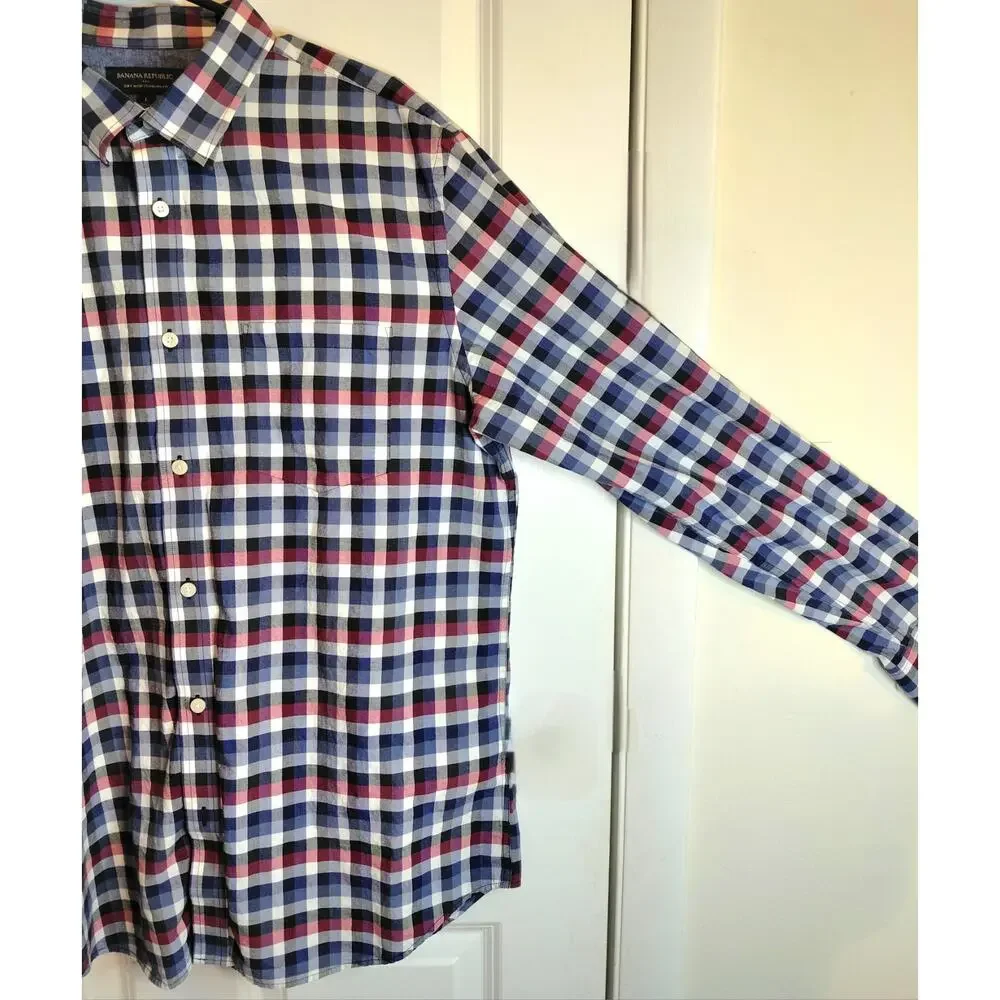 Banana Republic Soft Wash Standard Fit Plaid Button Up Shirt Mens L Blue Preppy